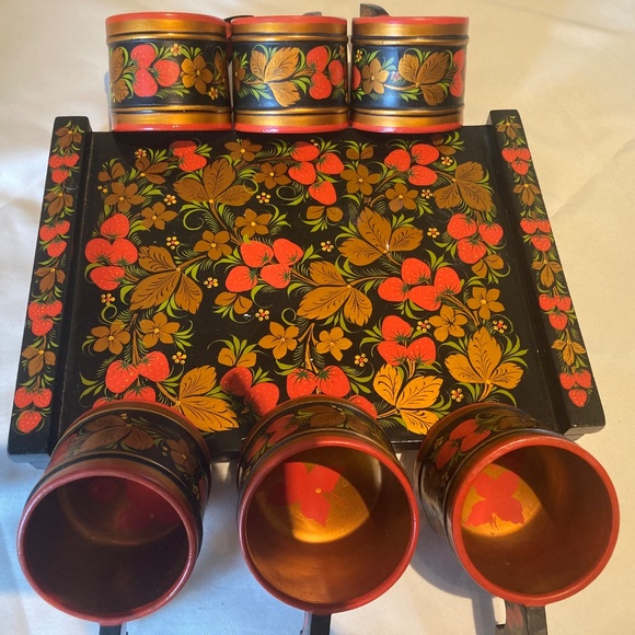 Vintage set “Strawberry” Russian Hand-Painted Khokhloma - Picture 2 of 8